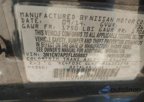 2015 Nissan Versa 1.6 S z USA, uszkodzony, nr VIN 3N1CN7AP2FL859883